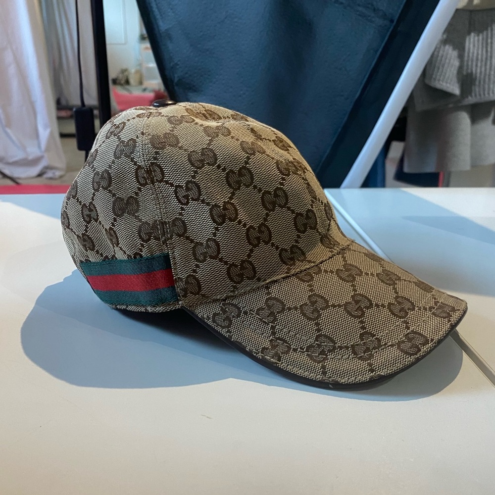 Gucci Natural Monogram Striped-Trim Woven Baseball Cap